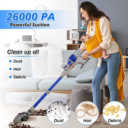 BSOTENA Cordless Vacuum Cleaner,2 Replaceable Batteries 26Kpa 350W Brushless Motor Stick Vacuum,Lightweight Vacuum for Home Hardwood Floor Carpet Pet Hair,Blue