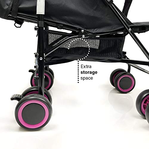 Evezo 2141A Full-Size Ultra Lightweight Umbrella Stroller, Reclining Seat, 5-Point Safety Harness, Canopy, Storage Bin (Hot Pink), 214-1A
