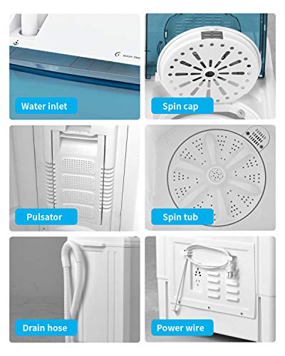 KUPPET Compact Twin Tub Portable Mini Washing Machine 26lbs Capacity, Washer(18lbs)&Spiner(8lbs)/Built-in Drain Pump/Semi-Automatic (White&Blue)
