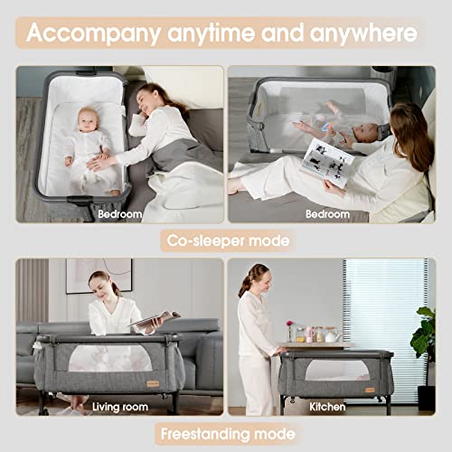 Yamesmile Baby Bassinets Bedside Sleeper Portable Crib Infant Inclined Cosleeper with Mattress Pad and Carry Bag (Grey Frame)