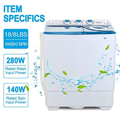 Topvendor 26Lbs Portable Compact Mini Twin Tub Washing Machine with Built-in Drain Pump,Semi-Automatic,Washer(18lbs)&Spiner(8lbs) (White&Blue)
