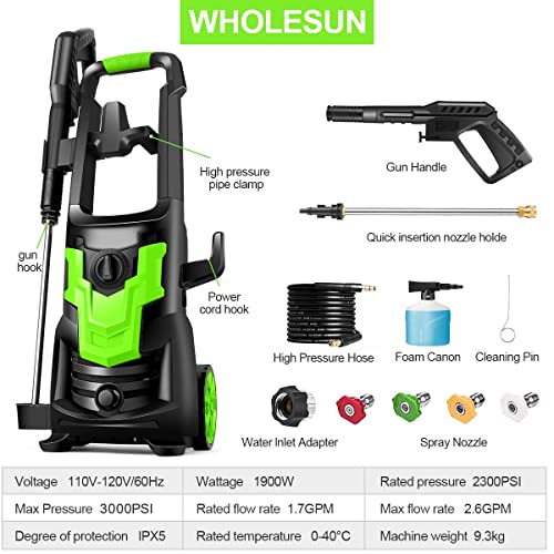 WHOLESUN Pressure Washer, 3000PSI Electric Power Washer, 1900W 2.6 GPM High Pressure Washer, Professional Washer Cleaner, with 4 Nozzles and Hose Reel, Best for Cleaning Cars,Driveways,Patios