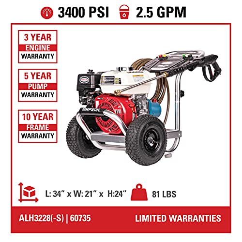 SIMPSON Cleaning Cleaning ALH3228-S Powered 3400 PSI Gas Pressure Washer, 2.5 GPM, HONDA GX200 Engine, Includes Spray Gun and Extension Wand, 5 QC Nozzle Tips, 5/16-inch x 25-foot Monster Hose, Red