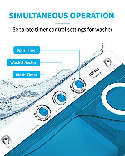 KUPPET Compact Twin Tub Portable Mini Washing Machine 26lbs Capacity, Washer(18lbs)&Spiner(8lbs)/Built-in Drain Pump/Semi-Automatic (White&Blue)