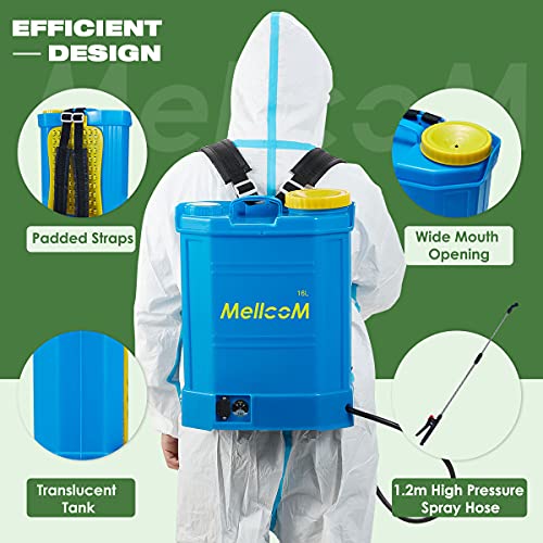 MELLCOM 4 Gallon Battery Powered Backpack Sprayer with 3 Different Nozzles, Hoses Included, Wide Mouth Lid, Professional for Lawns, Gardens, Office, Hotel, School