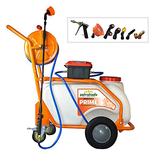 PetraTools Battery Powered 13 Gallon Pushcart Sprayer (Prime), Heavy Duty Commercial Sprayer with Custom Built Cart, Off-Road Wheels & Solid Steel Easy-Turn Hose Reel for 130 Foot Hose, 80PSI