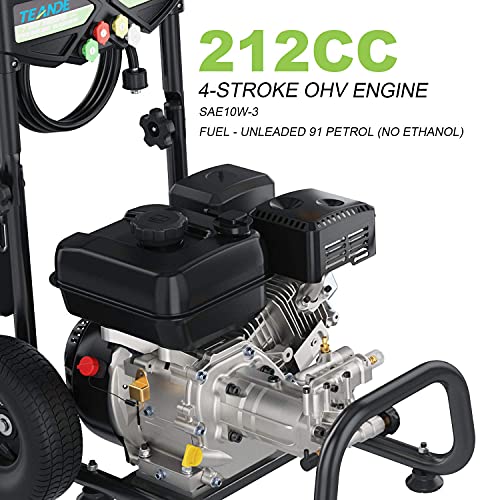 TEANDE 3200PSI Gas Pressure Washer Power Washer 212CC Gas Pressure Washer Powered, High-Pressure Hose 5 Nozzles (Black)