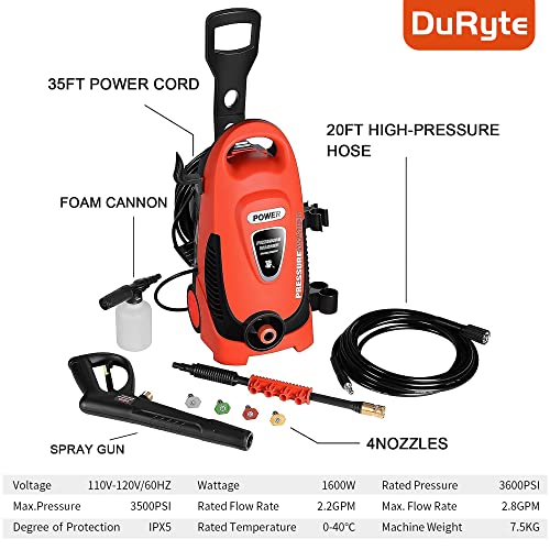 DuRyte Electric Pressure Washer 3500 PSI / 2.8 GPM 1600W Power Washer with 4 Nozzles, Foam Cannon for Cleaning Cars, Driveways, Garden Orange