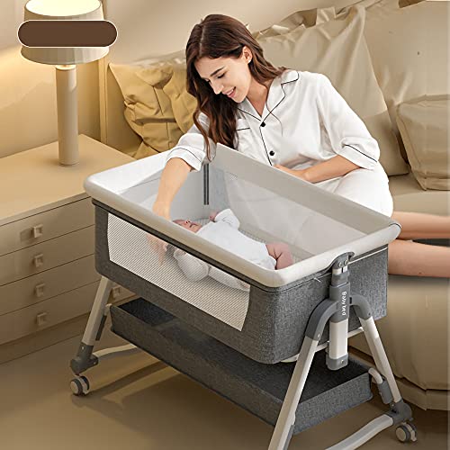 Zdolmy Baby Bedside Bassinet Sleeper, Portable Crib for Baby with Storage Basket and Wheels, Adjustable Height Easy Folding Bed Side Co Sleeper, Grey