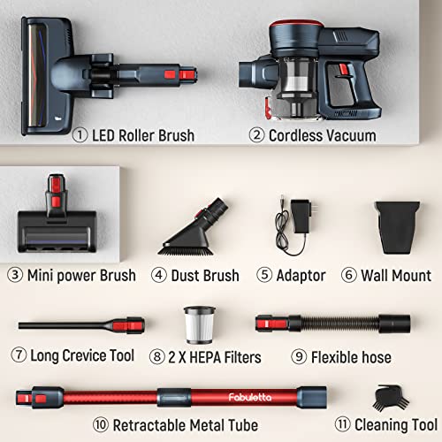 Fabuletta 10-in-1 Cordless Vacuum Cleaner - 24Kpa 250W Brushless Motor Stick Vacuum, Up to 45 Mins Max Runtime Detachable Battery, Led Display, Lightweight Vacuum for Carpet Hard Floor Pet Hair