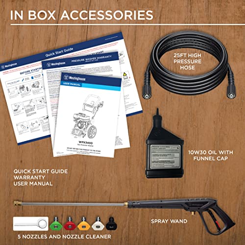Westinghouse WPX3400 Gas Pressure Washer, 3400 PSI and 2.6 Max GPM, Onboard Soap Tank, Spray Gun and Wand, 5 Nozzle Set, CARB Compliant, for Cars/Fences/Driveways/Homes/Patios/Furniture