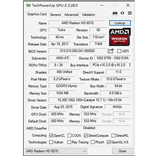 SAPLOS Radeon HD 6570 Graphics Card,Dual HDMI,1GB,GDDR3,64-Bits,PCI-Express 2.0 X16, Low Profile Computer GPU,Desktop Video Card for PC Gaming,DirectX 11