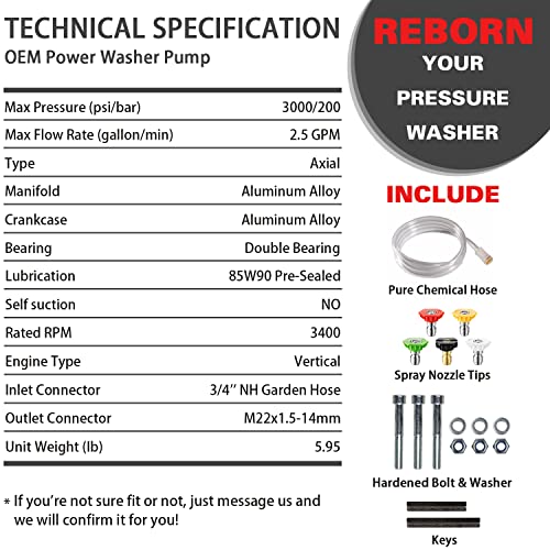 YAMATIC 7/8" Shaft Vertical Pressure Washer Pump, 2600-3000 PSI @ 2.5 GPM OEM & Replacement Pump for Power Washer Compatible with 308653052, 308653093, 308653009, 308653008, 308653006