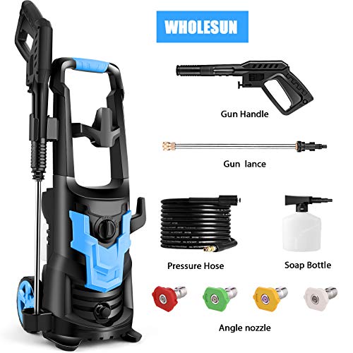 WHOLESUN 3000PSI Pressure Washer, 1900W High Power Washer 2.6 GPM Powerful Machine with Hose Reel, Self Assembled, Rotatable Iron Spray Lance for Patio, Garden, and Car Cleaning(Blue)