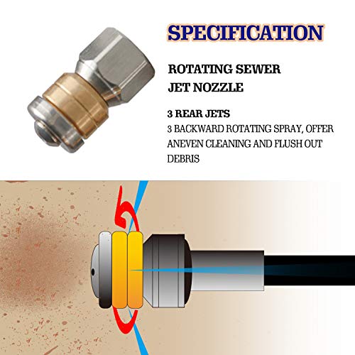 Hourleey Sewer Jetter Kit for Pressure Washer, 1/4 Inch NPT, 100 Ft Drain Cleaning Hose, Orifice 4.0 Button Nose and Rotating Sewer Jetting Nozzle, 4000 PSI