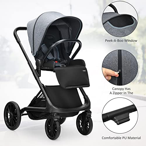 INFANS Baby Stroller for Toddler, Quick-Fold Infant Stroller with Reversible Seat, Hard Plate, Air Rod Folding, Aluminum Frame, 5-Point Harness, Adjustable Handle and Footrest