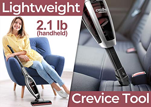 ROOMIE TEC Cordless Vacuum Cleaner, 2 in 1 Handheld Vacuum, High-Power 2200mAh Li-ion Rechargeable Battery, with Corner Lighting and Upright Charging Base