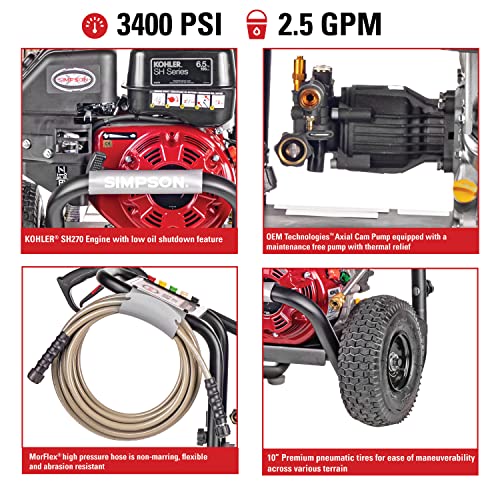 Simpson Cleaning MS61085 MegaShot 3400 PSI Gas Pressure Washer, 2.5 GPM, Kohler SH270, Includes Spray Gun and Extension Wand, 5 QC Nozzle Tips, 5/16-in. x 25-ft. MorFlex Hose, Black