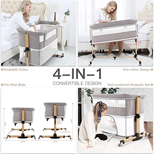 Jaoul 3 in 1 Baby Bassinets Bedside Sleeper Easy Folding Sleeper with Mattress Included, Height Adjustable Bedside Travel Crib for Newborn Infant-Baby Boy/Baby Girl