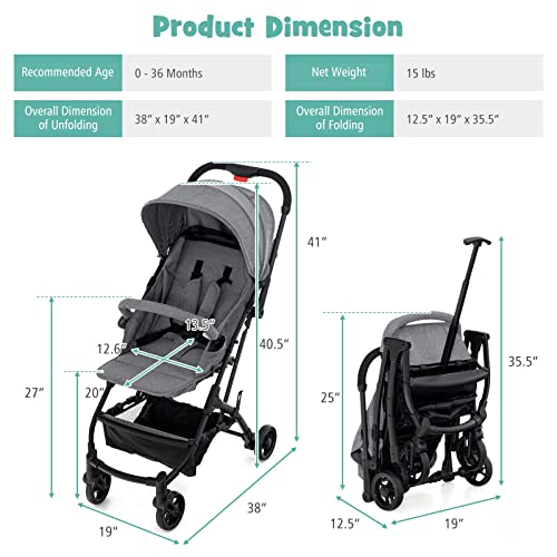 BABY JOY Lightweight Baby Stroller, Compact Travel Stroller for Airplane, Easy One-Hand Fold, High Landscape Infant Toddler Stroller with Adjustable Canopy/Backrest/Footrest, Storage Basket (Gray)