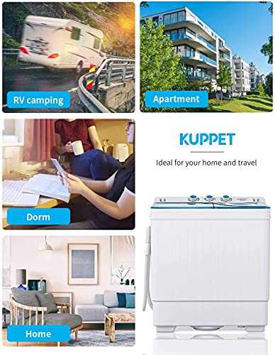 Twin Tub Portable Mini Washing Machine 26lbs Capacity, Compact Washer(18lbs)&Spiner(8lbs)/Built-in Drain Pump/Semi-Automatic (White&Blue)