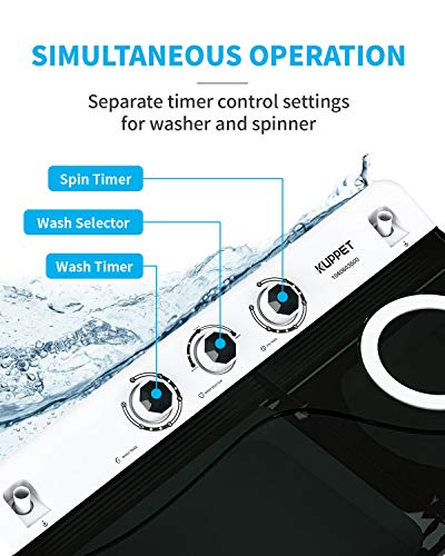 KUPPET Compact Twin Tub Portable Mini Washing Machine 26lbs Capacity, Washer(18lbs)&Spiner(8lbs)/Built-in Drain Pump/Semi-Automatic (White&Black)