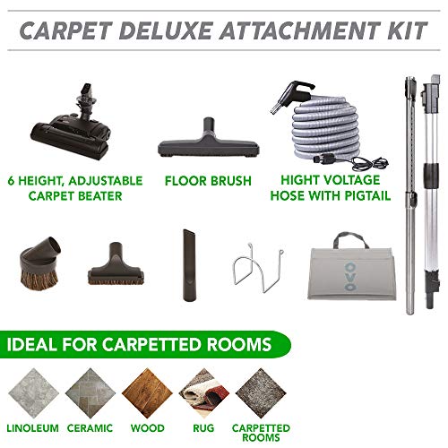 OVO Heavy Duty Powerful Central Vacuum System, Hybrid Filtration (with or Without Disposable Bags) 35L or 9.25Gal, 700 Air watts with 30 ft Carpet Deluxe Accessory Kit, Large Vac, Silver