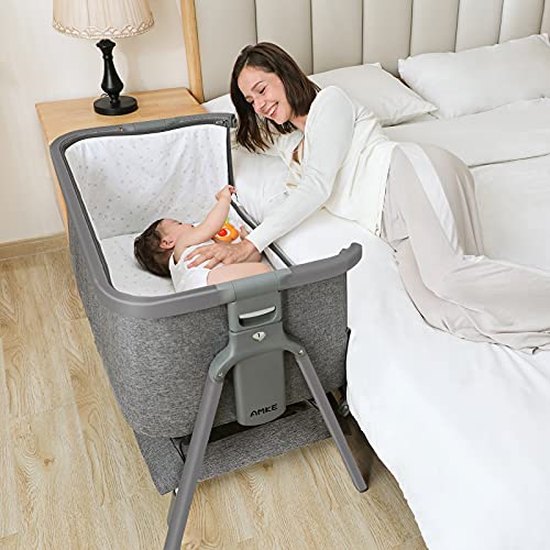 AMKE Baby Bassinets,Bedside Sleeper for Baby, Quick Assemble Baby Crib with Storage Basket,Portable Bassinets for Safe Co-Sleeping, Adjustable Baby Bed for Baby Infant Newborn Girl Boy(Grey)