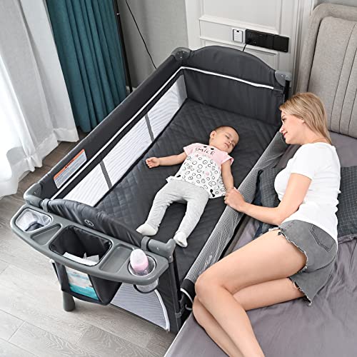 5 in 1 Baby Bassinet Bedside Sleeper Bed Side Crib with Mattress, Toys and Music Box, Diaper Changer, Portable Travel Crib for Girl Boy Infant Newborn, Adjustable Height