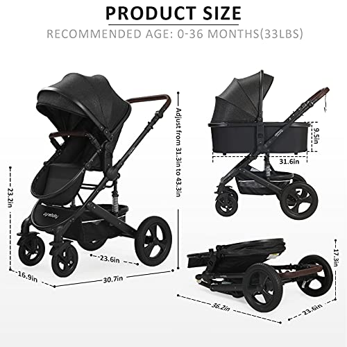 Newborn Infant Toddler Baby Stroller - Strollers with Backrest Adjustable Reversible, 2 in 1 High Landscape Convertible Bassinet Foldable Aluminum Alloy 3D Shock Absorption All Terrain Pram