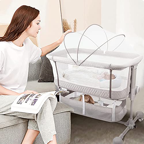 HAHASOLE Baby Bassinet Bedside Sleeper, 3 in 1 Bedside Crib with Detachable Mosquito Net, Portable Baby Nursery Bed with Mattress, Bedside Sleeper with 6 Height Adjustable & 2 Baby Bassinet Sheets
