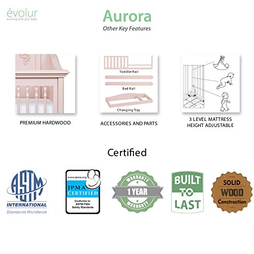 Evolur Aurora 5-in-1 Convertible Crib, Dusty Rose, Greenguard Gold Certified