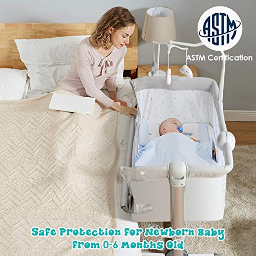 BABY JOY Baby Bedside Bassinet, Height Adjustable Portable Crib w/Music, Toy Rack, Mattress, Straps, Breathable Mesh & Carrying Bag, Easy Folding Kids Bed Side Sleeper for Newborn Infant (Light Grey)