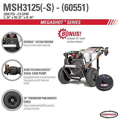 Simpson Cleaning MSH3125 MegaShot Gas Pressure Washer Powered by Honda GC190, 3200 PSI at 2.5 GPM, Black & 80165, Rated Up to 3700 PSI Universal 15" Steel Surface Scrubber, Plain