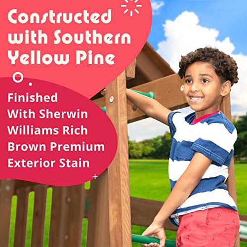Creative Playthings Northbridge Pack 1 Wooden Swing Set (Made in The USA) for Ages 2 to 12 Years, Includes Climbing Wall for Kids, Playground Swings and Slide, and Tire Swing, 22 x 12 x 11 ft