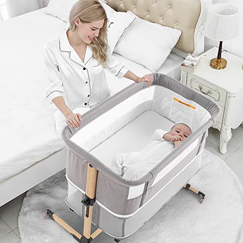 Jaoul 3 in 1 Baby Bassinets Bedside Sleeper Easy Folding Sleeper with Mattress Included, Height Adjustable Bedside Travel Crib for Newborn Infant-Baby Boy/Baby Girl