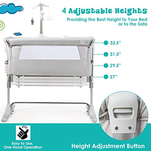 BABY JOY Baby Bedside Bassinet, Height Adjustable Portable Crib w/Music, Toy Rack, Mattress, Straps, Breathable Mesh & Carrying Bag, Easy Folding Kids Bed Side Sleeper for Newborn Infant (Light Grey)
