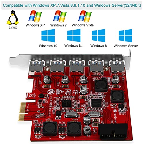 FebSmart 7-Ports Superspeed 5Gbps USB 3.0 PCI Express (PCIe) Expansion Card-5 Ports USB-A and an 19Pin USB 3.0 Header-Build in Self-Powered Technology-No Need Additional Power Supply (FS-U7S-Pro)