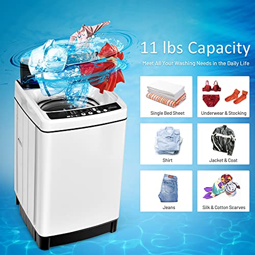 COSTWAY Portable Washing Machine, 11Lbs Capacity Full-automatic Washer with 8 Wash Programs, LED Display, 10 Water Levels, Compact Laundry Washer and Dryer Combo for Apartment, Dorm (White)
