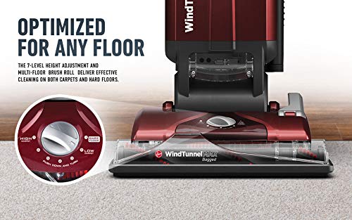 Hoover WindTunnel Max Bagged Upright Vacuum Cleaner, with HEPA Media Filtration, 30ft. Power Cord, UH30600, Red