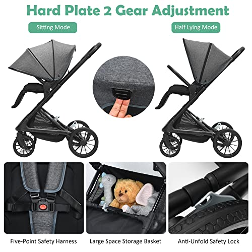 INFANS Baby Stroller for Toddler, Quick-Fold Infant Stroller with Reversible Seat, Hard Plate, Air Rod Folding, Aluminum Frame, 5-Point Harness, Adjustable Handle and Footrest