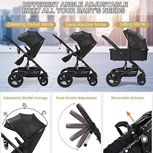 Newborn Infant Toddler Baby Stroller - Strollers with Backrest Adjustable Reversible, 2 in 1 High Landscape Convertible Bassinet Foldable Aluminum Alloy 3D Shock Absorption All Terrain Pram