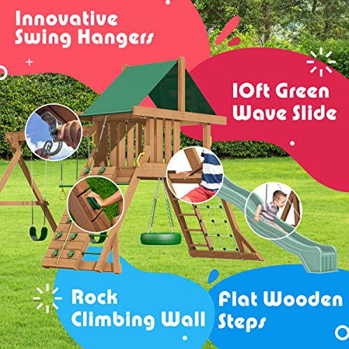 Creative Playthings Northbridge Pack 1 Wooden Swing Set (Made in The USA) for Ages 2 to 12 Years, Includes Climbing Wall for Kids, Playground Swings and Slide, and Tire Swing, 22 x 12 x 11 ft