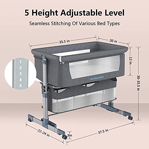 Baby Bassinet, Bellababy Bedside Sleeper, Bedside Crib with Storage Basket, Easy Folding Portable Crib, Adjustable Portable Bed for Infant/Newborn (Dark Grey)