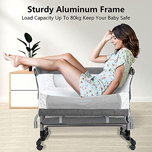 Baby Bassinet, Bellababy Bedside Sleeper, Bedside Crib with Storage Basket, Easy Folding Portable Crib, Adjustable Portable Bed for Infant/Newborn (Dark Grey)
