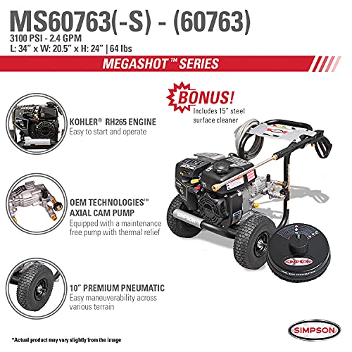 SIMPSON Cleaning MS60763-S MegaShot Gas Pressure Washer Powered by Kohler RH265 + Simpson Cleaning 80165 Universal 15" Steel Surface Scrubber for Cold Water Pressure Washers