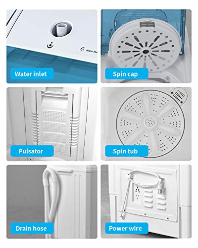 KUPPET Compact Twin Tub Portable Mini Washing Machine 21lbs Capacity, Washer(14.4lbs)&Spiner(6.6lbs)/Built-in Drain Pump/Semi-Automatic, White&Blue