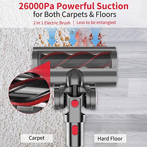 Cordless Vacuum Cleaner, 300W Brushless Motor with 26Kpa Powerful Suction Stick Vacuum, Up to 45Mins Max Runtime Detachable Battery