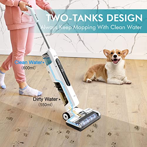 ECOWELL Cordless Wet Dry Vacuum Cleaner and Mop with Self Water Spray for Hard Floor and Area Rug, One-Step Cleaning for Sticky Messes and Pet Hair, WCVP03, White