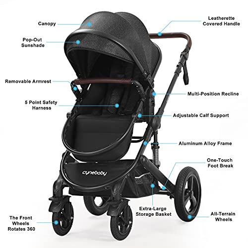 Newborn Infant Toddler Baby Stroller - Strollers with Backrest Adjustable Reversible, 2 in 1 High Landscape Convertible Bassinet Foldable Aluminum Alloy 3D Shock Absorption All Terrain Pram